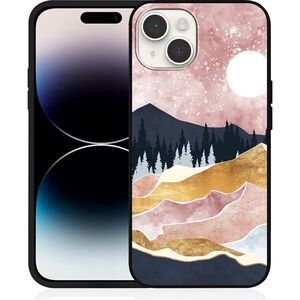 Stylish Pink & Gold Mountain Landscape iPhone 14 Case - Compatible